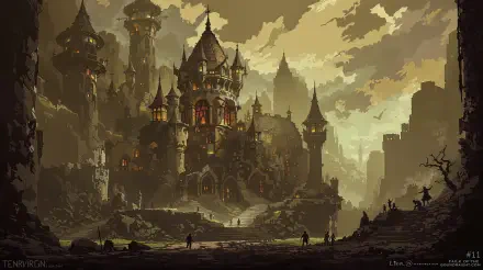 A majestic dwarven stronghold stands tall against a dramatic sky, with intricate towers and glowing windows, set in a rich fantasy landscape. 4K Ultra HD wallpaper captures its grandeur.