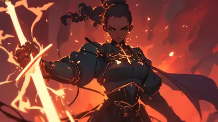 A powerful anime cleric stands confidently with a sword, surrounded by a fiery backdrop, showcasing bold colors and dynamic action in this HD desktop wallpaper.