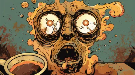 An artistic 4K Ultra HD wallpaper featuring a surreal face merging with colorful liquid shapes, accompanied by a coffee cup, creating a striking visual experience.