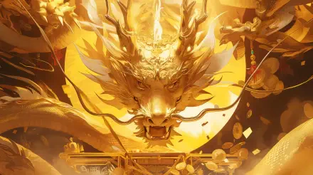 A majestic golden dragon rises against a vibrant background, capturing the essence of fantasy in this stunning 4K Ultra HD desktop wallpaper.