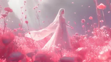 A serene fairycore scene featuring a figure in a flowing gown surrounded by vibrant pink flowers, evoking a magical fantasy atmosphere. 4K Ultra HD desktop wallpaper.