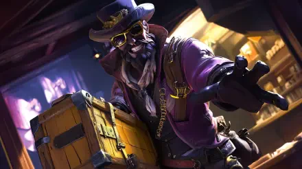 A charismatic smuggler in a purple coat and sunglasses poses confidently with a treasure chest, set against a dimly lit background. 4K Ultra HD PC desktop wallpaper.