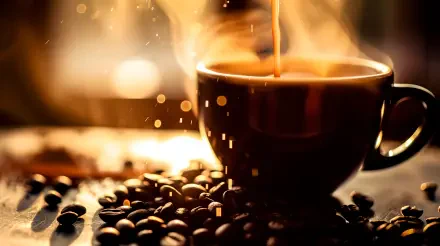 A steaming cup of coffee is poured, surrounded by scattered coffee beans, creating a warm, inviting atmosphere in this vibrant 4K Ultra HD desktop wallpaper.