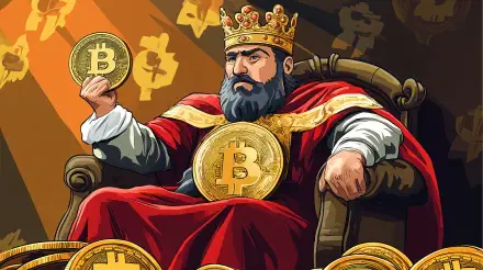 A regal figure in a crown holds a Bitcoin coin, surrounded by golden coins, symbolizing cryptocurrency wealth. This 4K Ultra HD wallpaper captures the essence of Bitcoin dominance.