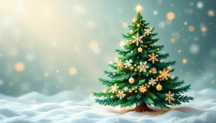 A beautifully decorated Christmas tree stands amidst soft, white snow, set against a dreamy, softly lit background. This 4K Ultra HD image creates a festive atmosphere.