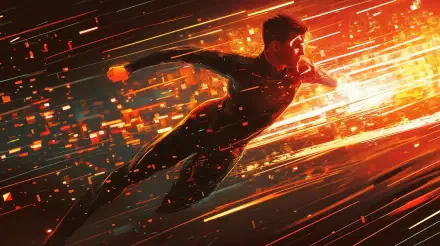 A dynamic sci-fi scene featuring a data runner speeding through a burst of vibrant colors and light, perfect for a 4K Ultra HD PC desktop wallpaper.