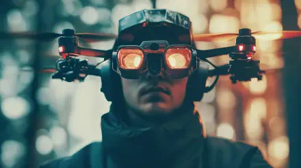 A man operates a drone, wearing advanced goggles and surrounded by a serene, blurred forest background. This 4K Ultra HD image captures the essence of modern drone technology.