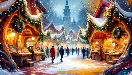 A vibrant Christmas market scene featuring festive stalls adorned with lights and decorations, set against a snowy backdrop and a towering clock tower, captured in stunning 4K Ultra HD.