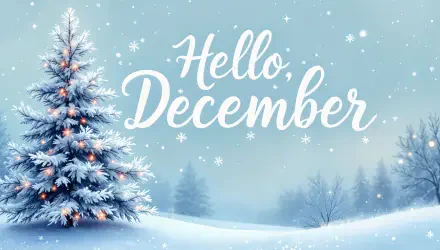 A serene winter scene featuring a snow-covered tree adorned with lights, accompanied by the text Hello December, making for a beautiful 4K Ultra HD desktop wallpaper.