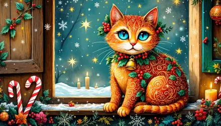 A vibrant Christmas cat sits by a window adorned with snow and candles, surrounded by festive decorations. This enchanting 4K Ultra HD wallpaper captures a whimsical holiday spirit.