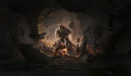 A dramatic scene from Path of Exile 2 features a viking character emerging from shadows amidst debris, showcasing intense action and stunning 8K Ultra HD graphics.