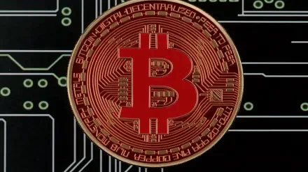 A high-definition PC desktop wallpaper featuring a detailed Bitcoin symbol against a backdrop of circuit patterns, representing the cryptocurrency theme.