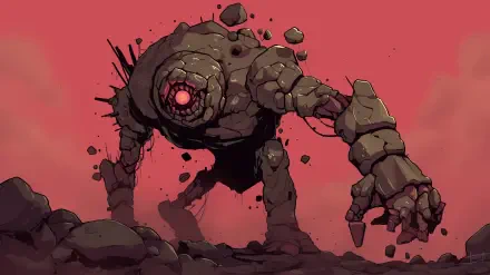 A striking HD wallpaper of a golem-like creature, made of rocks and debris, with a glowing red eye, set against a vibrant red background. Ideal as a captivating desktop background.