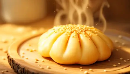 A warm, freshly steamed bun with a golden crust and sesame seeds, resting on a wooden plate, exuding steam and inviting aromas, showcased as a vibrant 4K Ultra HD PC desktop wallpaper.