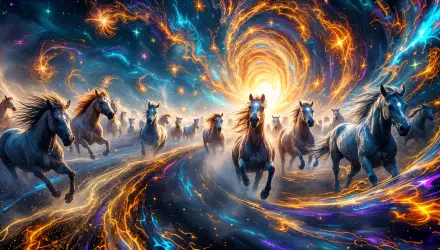 A vibrant 4K Ultra HD desktop wallpaper featuring a dynamic stampede of glowing horses racing through a swirling cosmic backdrop of colors and light.
