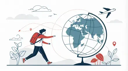 A traveler with a backpack walks towards a globe, symbolizing adventure and exploration. This vibrant illustration serves as a stunning 4K Ultra HD desktop wallpaper and background.