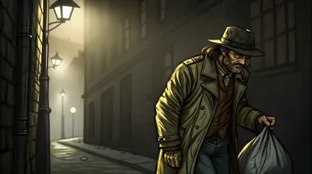 A smuggler in a long coat walks down a dimly lit alley, clutching a bag, amid gas lamps and shadows. This 4K Ultra HD wallpaper offers a moody, atmospheric backdrop.
