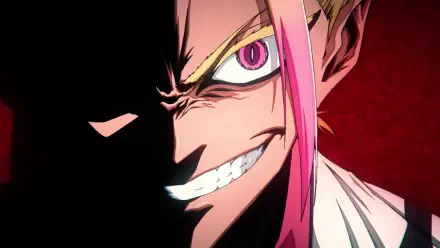 Close-up of Shidou Ryusei from Blue Lock with an intense grin, half his face shadowed, set against a dark red background in HD for PC desktop wallpaper.