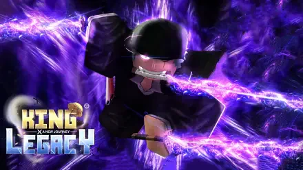 A dynamic HD desktop wallpaper showcasing a character from the Roblox game Blox Fruits, set against a vibrant purple background with electrifying energy effects.