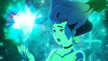 HD PC desktop wallpaper: Momo Ayase from Dandadan bathed in teal cosmic light, hair floating as she reaches toward a glowing origami star.