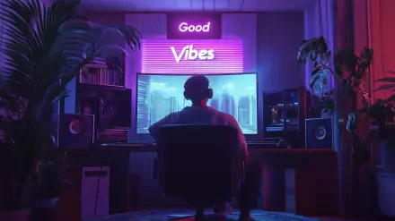 A serene gamer sits in a dimly lit room, surrounded by plants and tech, focused on a vibrant screen displaying cityscapes. Neon sign reads Good Vibes, encapsulating a lofi atmosphere.