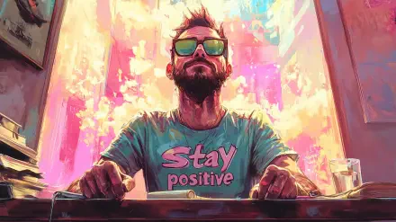 A vibrant, artistic HD wallpaper featuring a man with sunglasses and a Stay Positive shirt, radiating motivation and positivity against a colorful, energetic background.