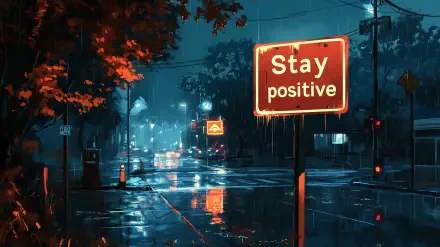 A vibrant nighttime street scene featuring a Stay Positive sign, illuminated by city lights reflecting on rain-soaked pavement. The mood captures a blend of resilience and tranquility.