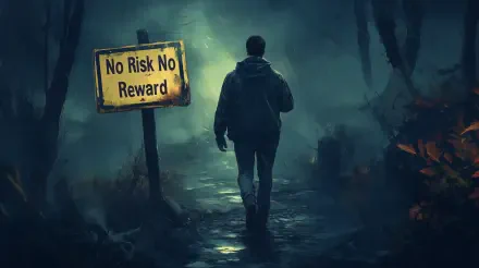 A person walking down a misty path, illuminated by soft light, with a sign reading No Risk No Reward, serves as a motivational backdrop for a 4K Ultra HD wallpaper.