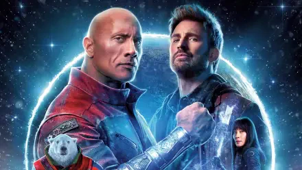 Dwayne Johnson and Chris Evans star in Red One, featured in this vibrant 4K Ultra HD desktop wallpaper, showcasing an exciting cosmic adventure with intriguing characters.