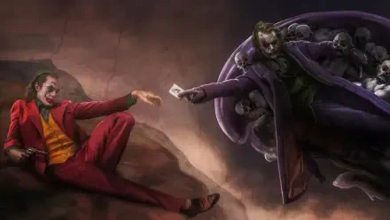HD PC desktop wallpaper of two Joker figures — one in a red suit, the other cloaked in shadow — reaching toward each other as a playing card floats between them against a moody backdrop.