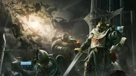 HD wallpaper featuring Dark Angels from Warhammer 40k, showcasing armored warriors in a dark, atmospheric setting with dramatic lighting and a dynamic background.