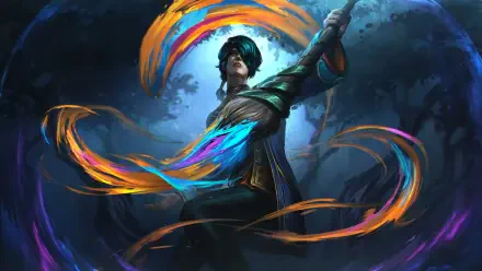 A vibrant 4K Ultra HD wallpaper featuring Hwei from League of Legends, showcasing dynamic colors and an enchanting mystical atmosphere.