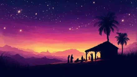 A serene nativity scene with silhouetted figures beneath a starry sky and vibrant sunset hues, perfect as a 4K Ultra HD desktop wallpaper background.