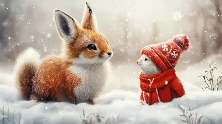 A charming winter scene featuring a cute fox and a small animal dressed in a red scarf and hat, set against a snowy backdrop. Captured in vibrant 4K Ultra HD.