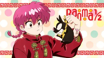 HD anime desktop wallpaper featuring Ranma Saotome from Ranma ½, holding a small black cat against a colorful, patterned background.