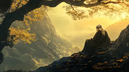 A serene landscape featuring a figure in contemplation beneath a tree, surrounded by autumn foliage and mountains, representing wisdom. 4K Ultra HD desktop wallpaper.