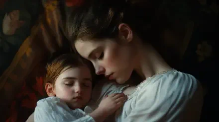 A serene moment capturing a mother and her sleeping child, highlighting the beauty of motherhood. This 4K Ultra HD image serves as a stunning desktop wallpaper.