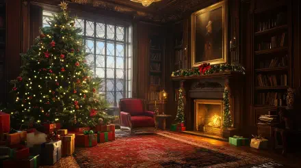 A cozy room featuring a beautifully decorated Christmas tree, a crackling fireplace, and wrapped gifts, creating a warm holiday atmosphere. 4K Ultra HD desktop wallpaper.