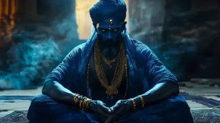 A captivating 4K Ultra HD desktop wallpaper featuring a serene djinn figure, adorned in gold jewelry, sitting in a mystical environment with blue tones and ethereal smoke.