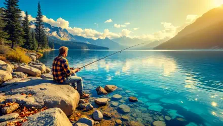 A serene fishing spot with a person casting a line from a rocky shore, framed by a picturesque lake and mountains, presented as a stunning 4K Ultra HD desktop wallpaper.