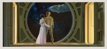 Princess Leia Organa and Luke Skywalker embrace while gazing at the Millennium Falcon against a backdrop of stars, captured in this stunning HD Star Wars desktop wallpaper.