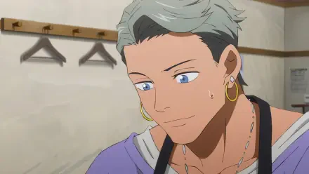 A close-up of a character with silver hair and blue eyes, wearing earrings and an expressive smile. This HD anime wallpaper features a warm, engaging atmosphere.