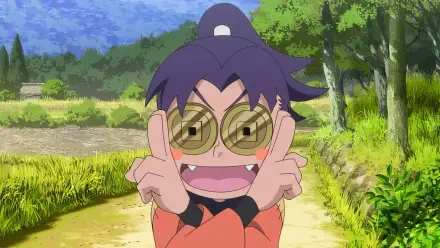 Anime character with purple hair and large, round glasses smiles and makes a playful gesture in a lush outdoor setting from Gekijouban Nintama Rantarou: Dokutake Ninja Tai Saikyou no Gunshi.