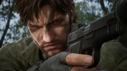 Close-up of Solid Snake from Metal Gear Solid Δ: Snake Eater, focused and ready for action, set against a blurred forest backdrop. Ideal HD wallpaper for gaming enthusiasts.