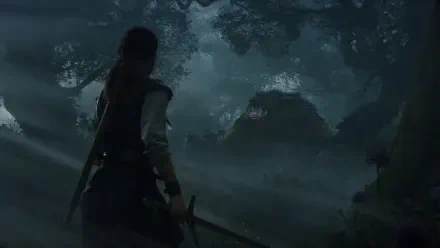 A character stands in a dark, foggy forest, sword drawn, exploring the mysterious ambiance of Fable (2025). This HD PC desktop wallpaper captivates the essence of adventure.