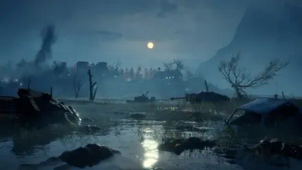 A haunting landscape from the video game 'Hell is Us,' featuring a moonlit scene with a marshy foreground and distant ruins, creating an atmosphere of mystery and desolation.