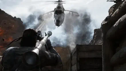 A dramatic scene from Metal Gear Solid Δ: Snake Eater features a soldier aiming a rocket launcher at a helicopter amidst smoke and explosions, set as a stunning HD PC desktop wallpaper.