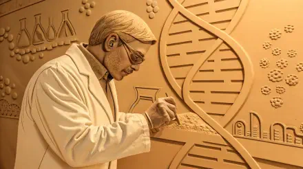 A detailed 4K Ultra HD wallpaper of a geneticist examining DNA strands, surrounded by scientific equipment, showcasing a blend of artistry and scientific inquiry.