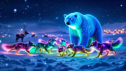 A vibrant winter scene with a glowing blue bear and colorful foxes roaming through the snow, set against a starry night backdrop. This 4K Ultra HD wallpaper captures enchanting winter animals.