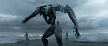 A dramatic HD desktop wallpaper featuring a futuristic, menacing humanoid figure from the video game Exodus (2024), set against a dark, moody backdrop.